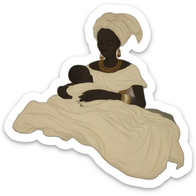 The tribal african woman sleeping in bed with a babies bab babies, 17th century, sticker