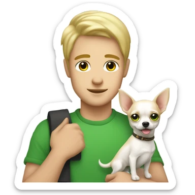 A fair-skinned guy with green eyes and blond hair with a white Chihuahua in his arms sticker