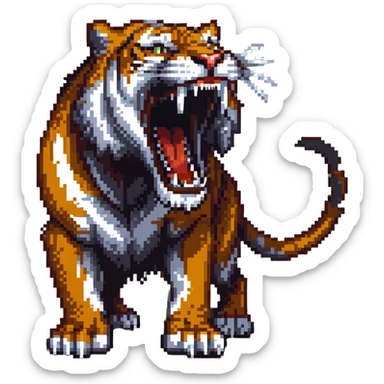 saber-toothed tiger with enormously long fangs, exaggerated canine teeth almost reaching the ground sticker