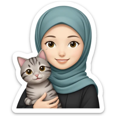 Asian white girl wearing hijab holding a black grey tabby cat while smiling sticker