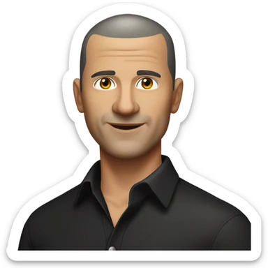 A middle-aged Italian man with olive-toned skin with buzz cut hair and no facial hair. He is wearing a sleek black smart shirt, casually unbuttoned at the top. sticker