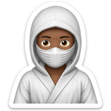 All white ninja robe with no black with white ski mask to cover face and neck with a hoodie on and dark brown skin color sticker