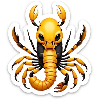 Cinematic Comical Emperor Scorpion Portrait Emoji, Head tilted dramatically with an exaggeratedly amused expression, featuring a striking, glossy exoskeleton with boldly defined pincers and wide, expressive eyes filled with playful disbelief, Simplified yet hilariously expressive features, highly detailed, glowing with a slightly sassy glow, high shine, dramatic yet playful, stylized with an air of cheeky desert mischief, soft glowing outline, capturing the essence of a spirited and over-the-top scorpion that feels like it could snap its pincers into internet fame instantly! sticker