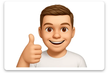 Based on these photos, make an emoji with facial features intact, a man in a white T-shirt, giving a thumbs up and smiling approvingly sticker