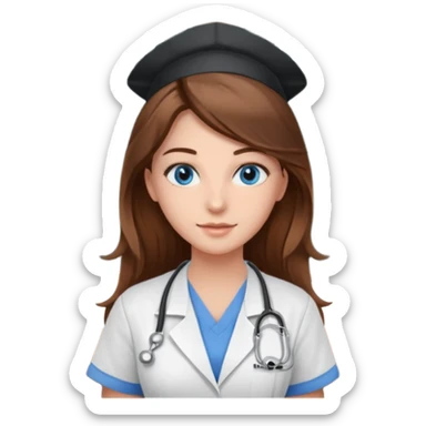 university classroom that says nursing school on the board with a pretty female nursing student with long brown hair, blue eyes sticker