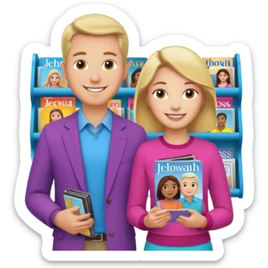 Duas Testemunha de jeová pregando com um display de revistas sticker