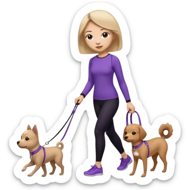Chinese woman wearing purple top and black leggings walking 1 small brown dog sticker
