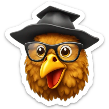 Chicken phd student in a classroom with hat and glasses sticker