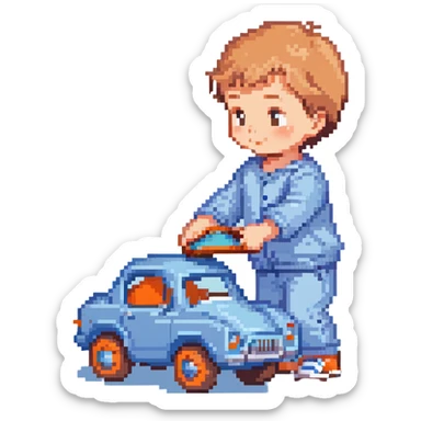cute toddler boy with pastel blue clothes playing with a blue toy car sticker