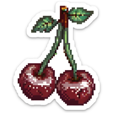 Pixel art of two dark maroon cherries with green stem, deep red color sticker