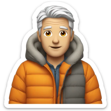 young gray-haired white man with an orange down jacket sticker