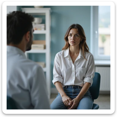 A woman in casual clothing sitting in front of a doctor in a modern clinical office, serious and determined expression, asking for a prescription for dry thyroid of pig. The doctor listens attentively, hyperrealistic details, 4K resolution. sticker
