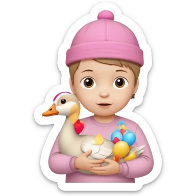 White-skinned baby, brown short hair, in a pink cap on his head, in a beige shirt, birthday, holding a goose toy in his hands sticker