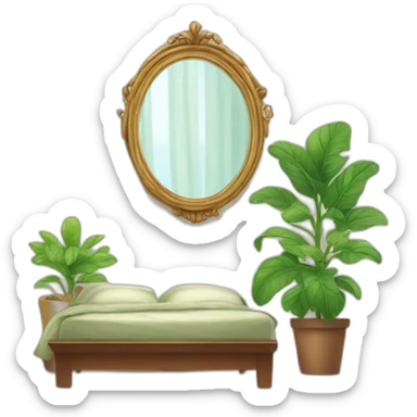 bedroom with an old mirror and a plant sticker