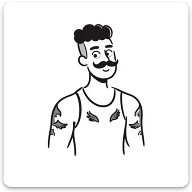 pumped up white male, buzz cut black hair, handlebar mustache black, two wings tattooed on his chest sticker