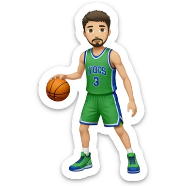 Full Body white male basketball player with short dark shaggy hair and goatee wearing green and blue uniform sticker