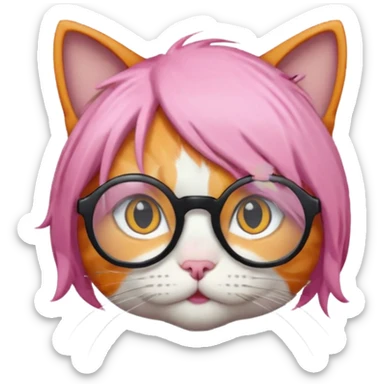 Orange Yellow cat wearing a little pink hair wig, black circle glasses, white T-shirt sticker