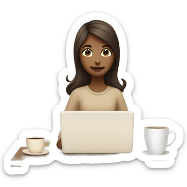 Half face of a girl at the laptop. A a cup of coffee on the left side of the table. Books on the right side. in beige tones sticker