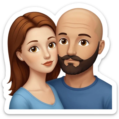 Couple. Bald man with dark brown-black beard. White woman with many small, faded freckles, she has white skin and she has auburn-brown-cinnamon, dark long hair. She has light brown eyes. The man have hazel eyes. Retro style. She kisses him on the cheek. sticker