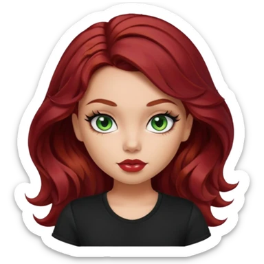 a pretty fair bratz girl with wavy dark red hair, wearing a black tee. eyeliner on, green eyes sticker