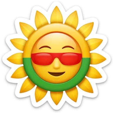 A flat emoji-style icon with three horizontal stripes: red on top, white in the middle, green on the bottom. A bright golden sun in the center with exactly 21 evenly spaced rays. Simple shapes, bold colors, no text, no gradients, transparent background, clean system-emoji look. sticker