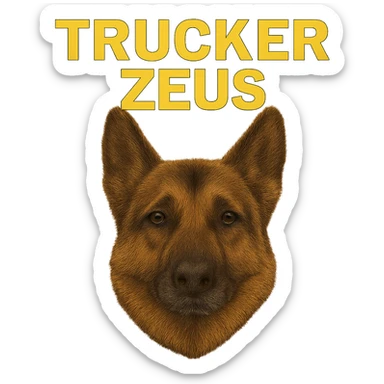 Make the background fully transparent while keeping the realistic German Shepherd and the yellow 'Trucker Zeus' text intact. Maintain maximum compression for the image. sticker