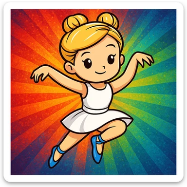 Add a vibrant, colorful background behind Dana Dawson in a dance pose, keep the original cartoon sticker style sticker