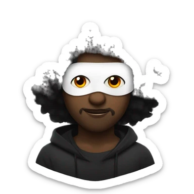 black haired guy with fluffy hair and a white winged eye mask with black on the inside and he has red eyes sticker