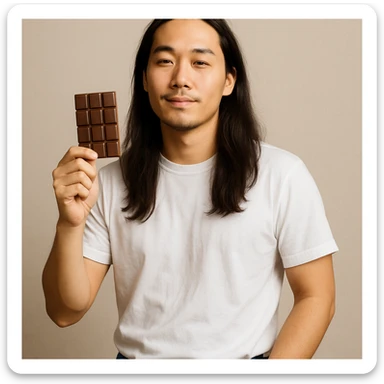 long haired Asian man with chocolate bar, wearing white T-shirt and jeans, relaxed expression sticker