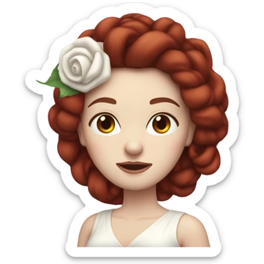 30-something pale-skinned woman with all her dark red hair coiled tightly up on her head, wearing a white dress sticker