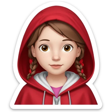A 12-year-old girl, with fair skin, freckles, and a warming smile that shows her pale pink lips. She has big brown eyes and normal eyebrows. Her brown hair is styled in French braids that reach her breasts. She wears a bright red hooded cloak with the hood drawn over a pretty white tank top. sticker