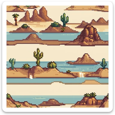 desert tile set with sand dunes, cacti, rocky formations, oasis with palm trees, desert shrubs, and ancient ruins sticker