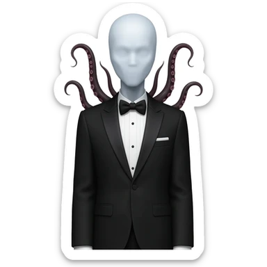 slenderman, tall figure, completely pale, white skin, tuxedo, tentacles coming out of back, no face, featureless sticker