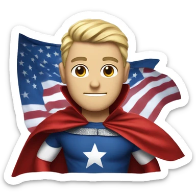 Emoji of Homelander from ‘The Boys’ series. USA flag-inspired costume with cape (red, blue, white). Confident, slightly menacing expression. sticker