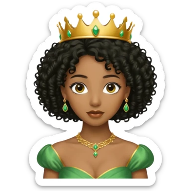 balck princess with black curly hair and a golden tiara. Green dress sticker