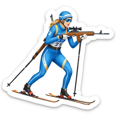 An icon showing a biathlete skiing on a snow-covered Olympic track with a rifle on their back. Cheering fans fill the stands. Majestic mountains, snowy trees, and a bright blue sky complete the scenic winter landscape. Transparent background captures the spirit of biathlon. sticker