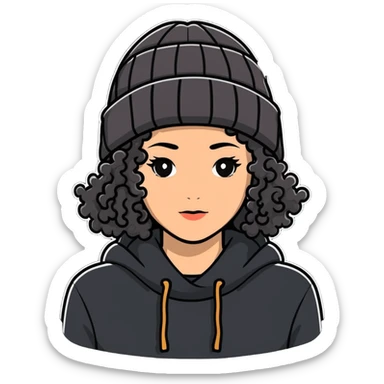 woman with curly hair and a beanie sticker
