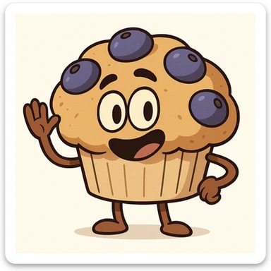 a cute blueberry muffin character waving, cartoon style, white background sticker
