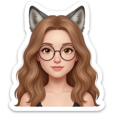 detailed emoji illustration of a woman with long light brown wavy hair and light brown eyes wearing round glasses, with wolf ears on top of her head, cute fantasy emoji style sticker