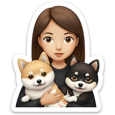 Brunette girl holding a white shiba inu and a black Shiba Inu sticker