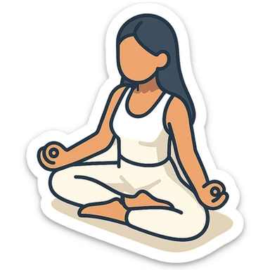 a woman with long dark hair, wearing a white yoga outfit, sitting in lotus pose facing forward, 2D isometric illustration style, matching the reference image sticker