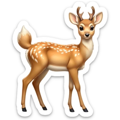 cinematic-[deer]-realistic-full-body-standing on all fours-emoji,-tail-tucked-close,-head-tilted-dramatically,-sleek-[fawn]-fur,-simplified-yet-realistic-focused-features,-highly-detailed,-glowing-with-an-almost-sarcastic-glow big antlers sticker