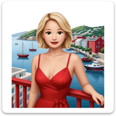 jennifer lawrence, closeup portrait , leaning on a balcony with a harbor and cityscape in the background, smiling, red dress  sticker
