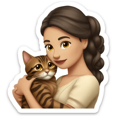 Beautiful woman long dark brown hair in dress hug bengal cat sticker