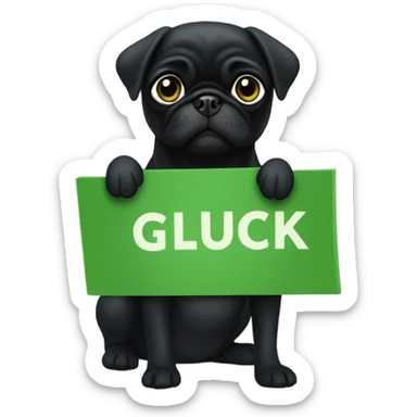 Black pug holding a green sign that says good luck  sticker