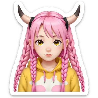 En anime-jente med rosa lange fletter, ku-horn og ku-ører, sort BH-topp over en gul crop-fleece-genser sticker