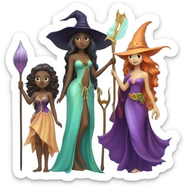 A group of 5 friends, consisting of a female witch, a female wizard, a male merman, a female fairy, and a female siren sticker