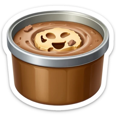 open metal can filled with soft moist chunks or smooth pâté in natural brown tones, slightly glossy gelatinous surface, clean edge, no label, no pet, spoon, or bowl, just the open can and contents, apple emoji style, soft lighting, subtle shadows, transparent background, emoji scale sticker