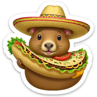 Make a capybara with a taco as a body and a Mexican hat sticker