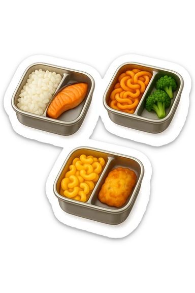 EMOJI STILE IPHONE DI UN 3 schiscette con poco cibo dentro, fluttuano in aria REALISTICA 4K sticker